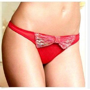 Victoria's Secret red sequin shimmer bow mesh thong panties underwear size small